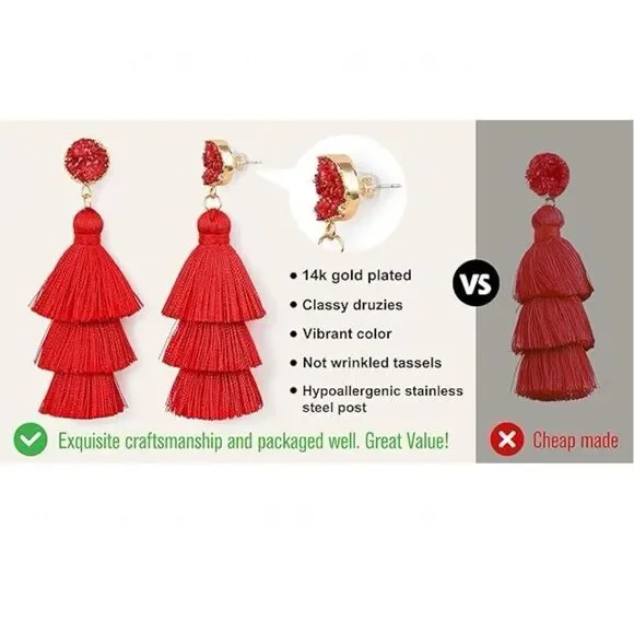 14K Yellow Gold with White Silk Thread Tassel and Quartz Druzy Post Earrings